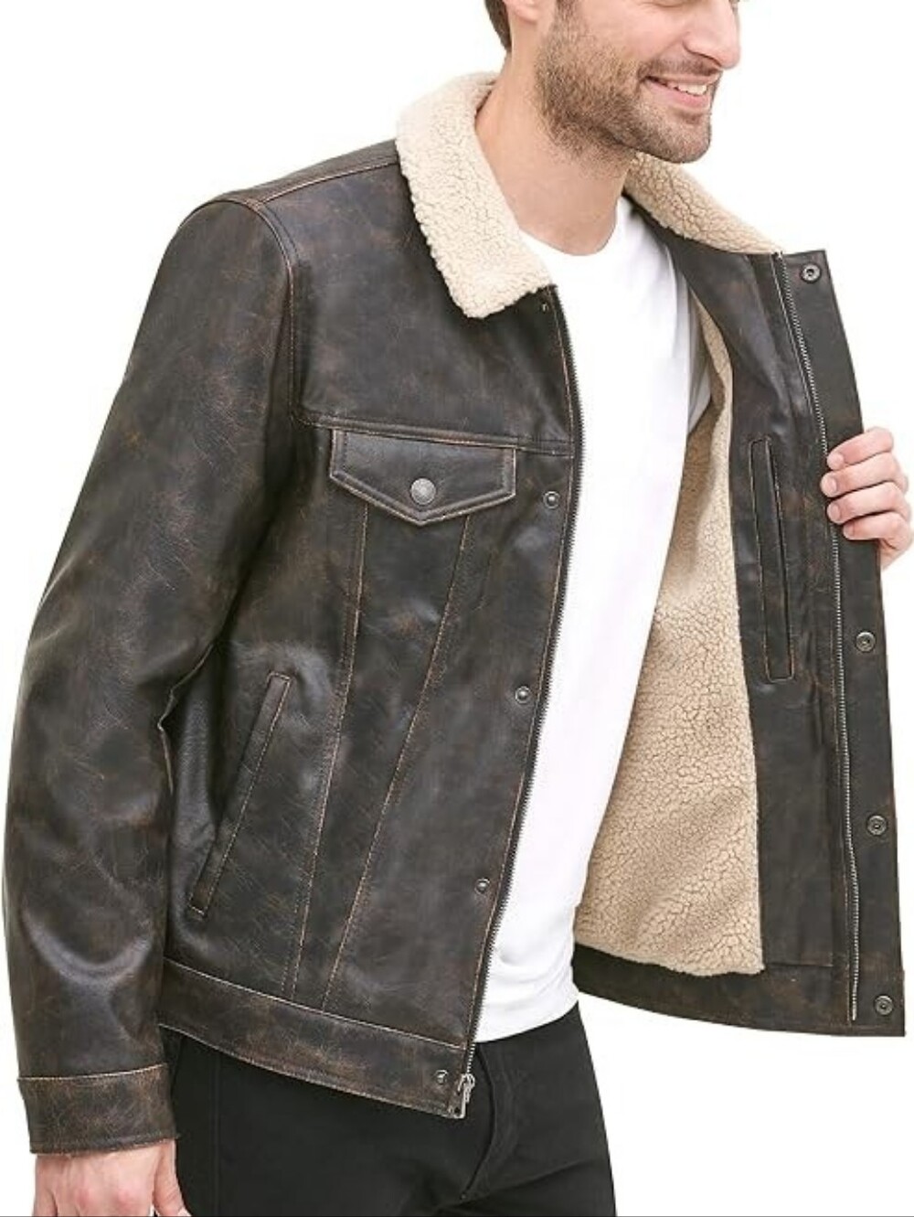 Levi's Trucker Jacket Men's Small Brown Sherpa Lined Faux Leather Button Front